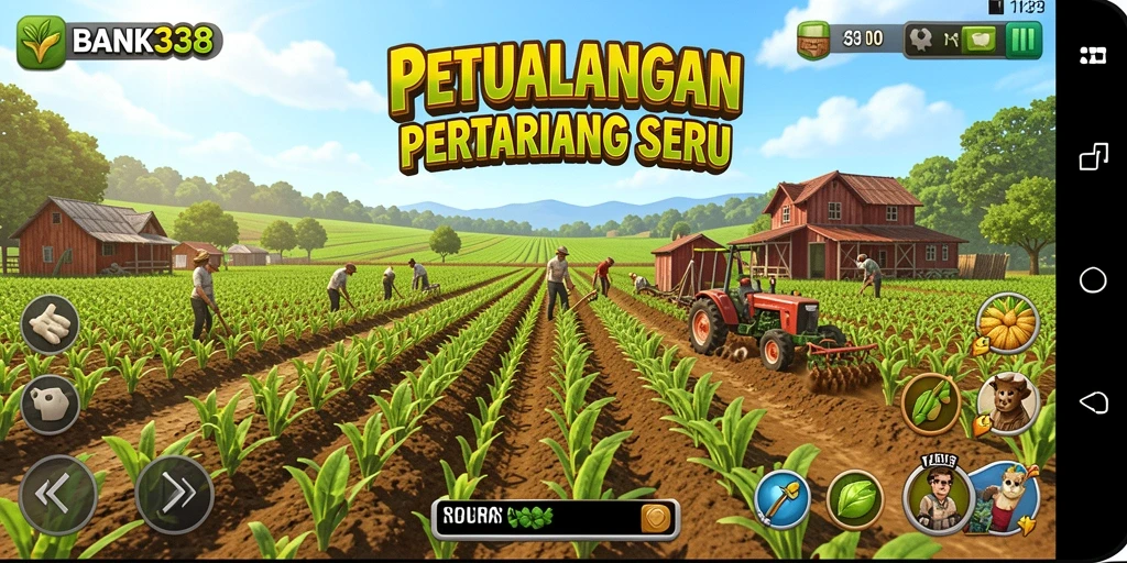 Tampilan screenshot BANK338 menunjukkan ladang yang subur dan hewan ternak.