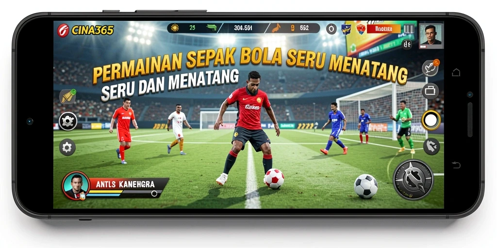 Tangkapan layar gameplay <strong>CINA365</strong> menampilkan aksi seru di lapangan sepak bola.
