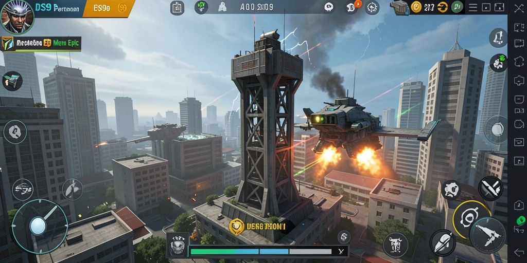 Tampilan gameplay DS99 yang menegangkan dengan menara pertahanan yang strategis.