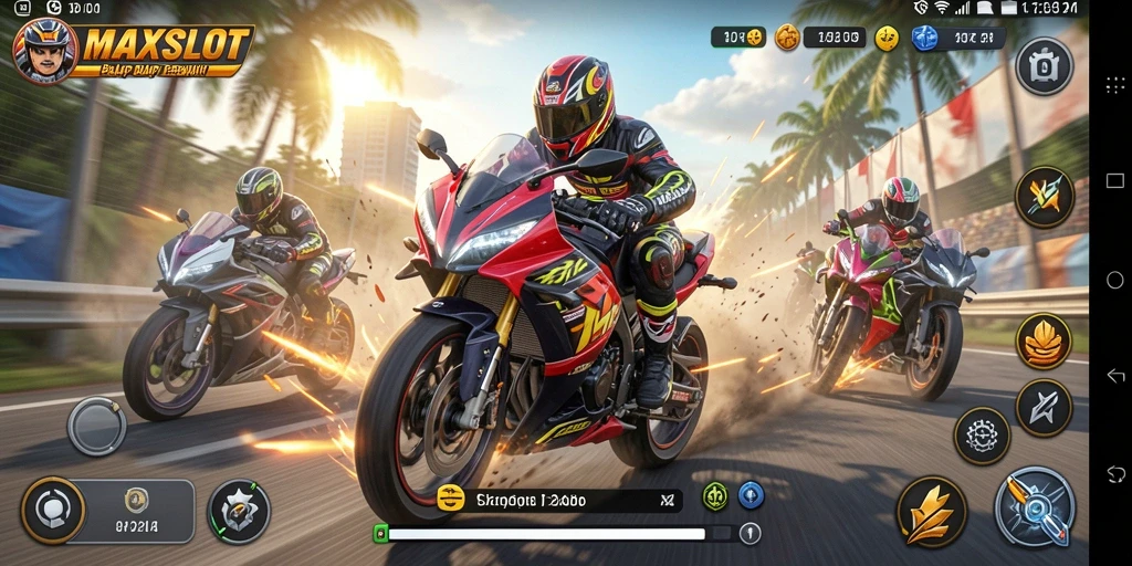 Screenshot gameplay MAXSLOT menampilkan aksi balap motor seru.