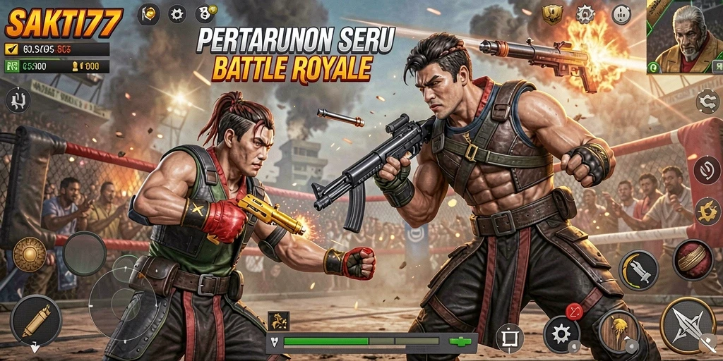 Screenshot SAKTI77 menunjukkan pertarungan intens di arena Battle Royale.