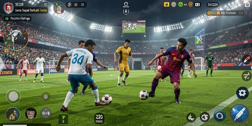 Screenshot gameplay SE328 yang menampilkan pertandingan sepak bola yang seru.