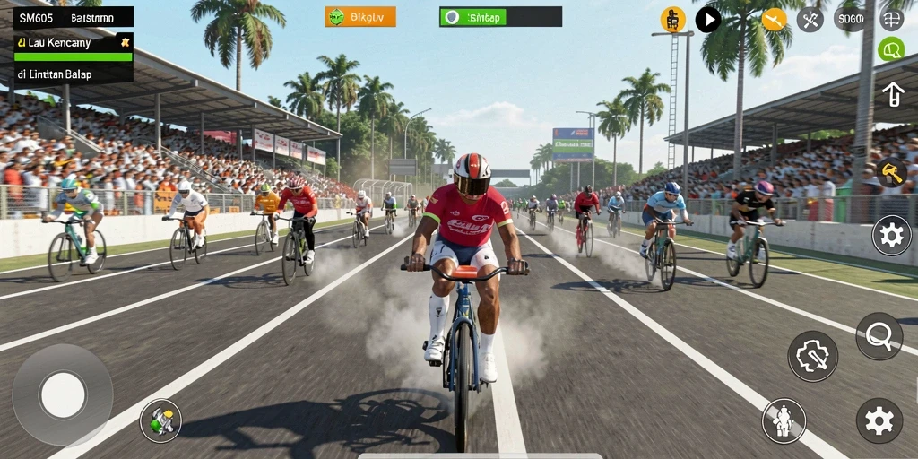 Screenshot gameplay SM605 menunjukkan aksi balapan yang mendebarkan.